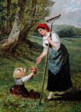 Mother's Day. little girl giving her mother a bouquet of flowers. field work with a wooden rake.