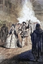 Henry VIII dancing with Anne Boleyn at a ball in the old Greenwich Palace in 1527. London. England.