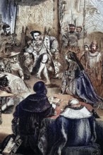 The trial of Queen Catherine in 1529. Catherine of Aragon was the first wife of Henry VIII. whose