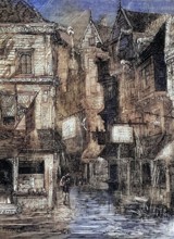 During the reign of Queen Elizabeth I. a 16th-century street during torrential rain in London.