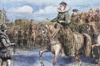 Queen Elizabeth I of England delivers her speech to the troops at Tilbury in Essex. in defense