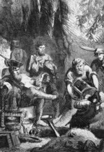 Captain William Kidd (1645 to 1701) watches his crew hide treasure in a cave. He was a Scottish