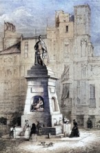 A street scene in Barcelona. Spain. around 1705 with the Old Man Fountain. digital reproduction of