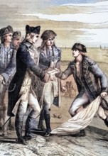 General George Washington accepts the white flag after the British surrender by Charles Cornwallis.