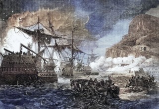 scene from the Great Siege of Gibraltar on 18 September 1782. an unsuccessful attempt by Spain and