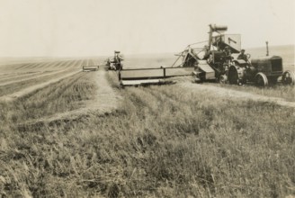 Combine harvesters in a wheat field in Manitoba, Canada.