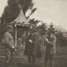Touring Club  Members  talking with an officer during the excursion to Venezia Tridentina in 1919. 1919