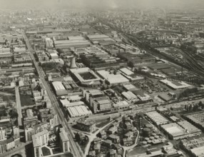 Aerial view of the Pirelli factories in the Bicocca area of Milan.. ca. 1960
