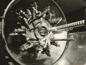 Paper cable wrapping machine at the Pirelli plant in Milan Bicocca. 1971