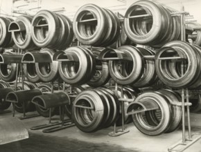 Tires awaiting vulcanization at the Pirelli plant in Milan's Bicocca district.. 1969