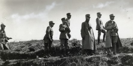 The General Staff on Mount Medea: from the center, General Luigi Cadorna, the Duke of Aosta, Emanuele Filiberto of Savoy, General Carlo Porro.
