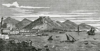 Malaga, Andalusia, Spain. Panoramic view of the city from El Espigon. Drawing by Letre. Engraving