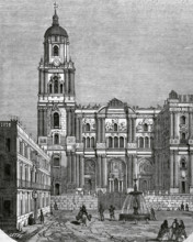 Malaga, Andalusia, Spain. View of the cathedral. Drawing by Letre. Engraving by Sierra. Cronica