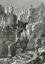 Ronda, province of Malaga, Andalusia, Spain. El Tajo de Ronda Gorge. Engraving by Arroyo. Cronica