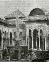 Granada, Andalusia, Spain. Alhambra. Patio and Fountain of the Lions. Engraving by Soriano. Cronica