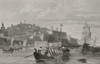 Valletta, Malta. General view of the city. Engraving. Lemaitre direxit. History of Malta and Gozo,