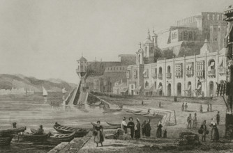 Valletta, Malta. Dock. Engraving. Lemaitre direxit. History of Malta and Gozo, by Frederic Lacroix.