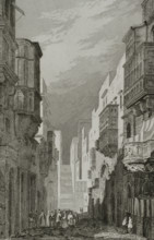 Valletta, Malta. Saint Ursula street. Engraving. Lemaitre direxit. History of Malta and Gozo, by