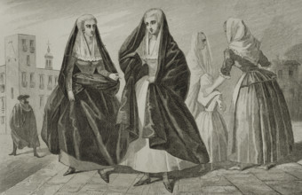 Malta. Women in 18th century traditional costumes. Engraving. Lemaitre direxit. History of Malta