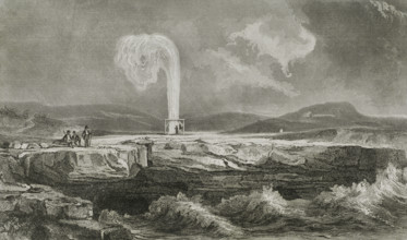 Malta. Ghar il-Qamh, island of Gozo. Clockmaker's Salt pans. Water jet. Engraving. Lemaitre direxit