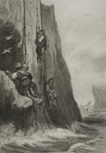 Island of Gozo, Malta. Fishermen on the cliffs. Engraving. Lemaitre direxit. History of Malta and