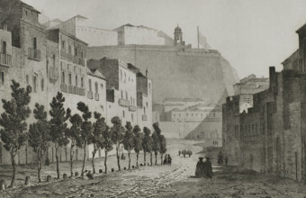 Sardinia. Cagliari. Interior view of the city. Drawing by Vormser. Engraving by A. Kinnewel.