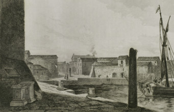 Sardinia. Porto Torres (Posthudorra). View of the town. Drawing by Vormser. Engraving by Traversier