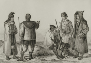 Sardinia. Sardinian traditional costumes. Engraving by Chaillot. Lemaitre direxit. History of Malta