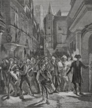 French Revolution. Paris on the night of 14 July 1789. People take to the streets. Drawing by