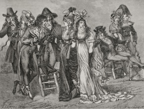 French Revolution. Incroyables and merveilleuses in Paris, between 1794 and 1796. Drawing by A.