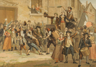 French Revolution. Triumph of Marat and Robespierre, 24 April 1793. Chromolithography by Vicente
