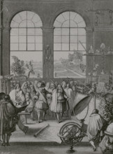 Paris, France. King Louis XIV (1638–1715) and his entourage visiting the French Royal Academy of