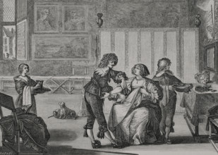 The surgeon. Preparation of a woman for bloodletting by venesection, 1632. Engraving by Huyot after