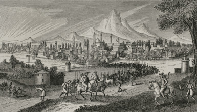 View of Isfahan, Persia, ca. 1673. Engraving. ""Voyages de monsieur le chevalier Chardin en Perse,