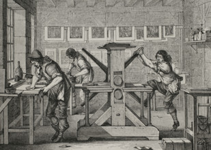 Workshop of an engraver. France. Engraving by Abraham Bosse (h. 1604-1676), 1642. XVIIme siecle: