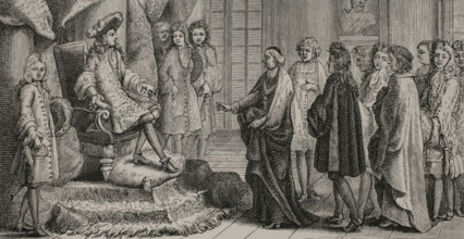 Members of the Academie Francaise (French Academy) presenting King Louis XIV (1638-1715) with the
