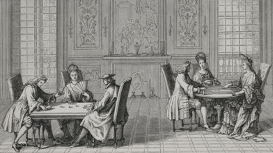 Board games at French court during the reign of Louis XIV (1643-1715). Engraving by Sebastien