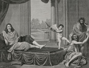 Moliere evoking the genie of comedy to punish vice and unmask hypocrisy. Engraving by Huyot based