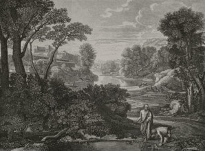 Landscape with Diogenes. Engraving by Huyot based on the painting by French painter Nicolas Poussin