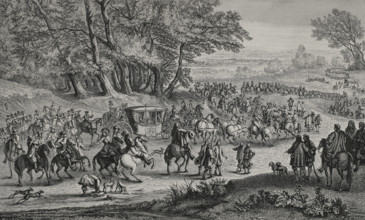 France. The queen moving to Fontainebleau accompanied by her guards. Engraving by Huyot after Adam