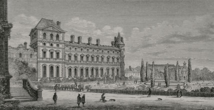 Paris, France. View and perspective of the part of the Louvre where the King and Queen's apartments