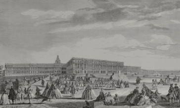 France. View of the Palace of Versailles, from the terrace opposite the chapel. Engraving by Huyot