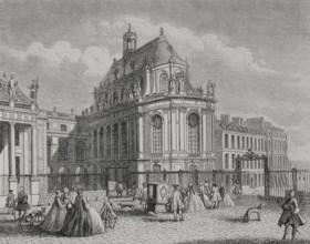 France. View of The Royal Chapel of the Palace of Versailles, from the courtyard side. Engraving by