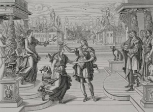 Esther and King Ahasuerus. Coronation of Esther. Engraving after a woodcut by Jean Coussin