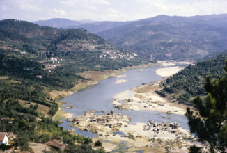 Landscape of the Douro river valley with wooded hillsides, Portugal c 1960.