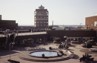Control Tower from roof garden, Heathrow airport, London, England, UK July 1959.