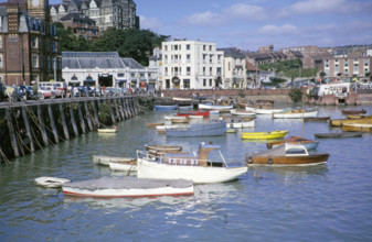 Boats in the harbour, Folkestone, Kent, England, UK early 1960s.