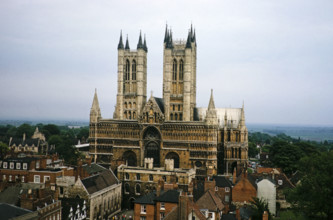 Lincoln cathedral church from the castle turret, Lincoln, Lincolnshire, England, UK early 1960s.