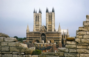 Lincoln cathedral church from the castle, Lincoln, Lincolnshire, England, UK early 1960s.
