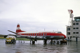 Vickers Viscount 701 plane of Cambrian Airways, Ronaldsway airport, Isle of Man, British Crown